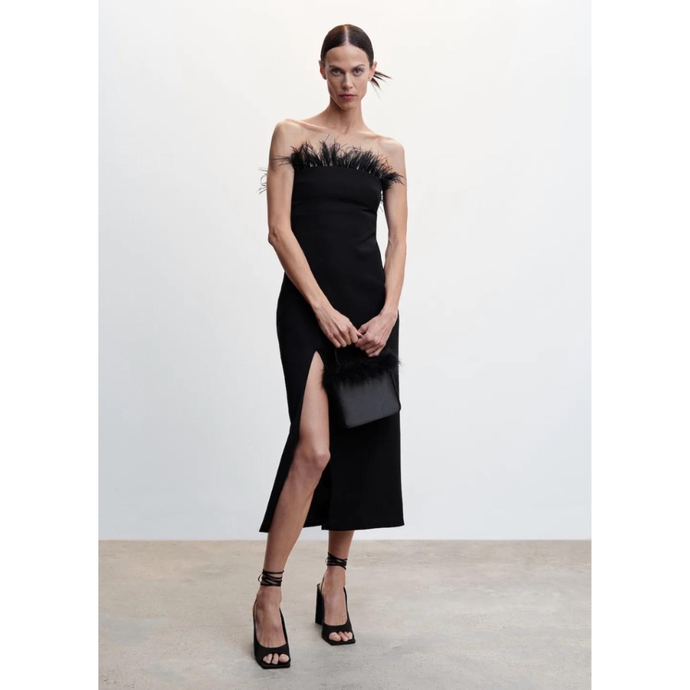 NWT Mango Black Feather Dress Midi- size 2 - Picture 1 of 9